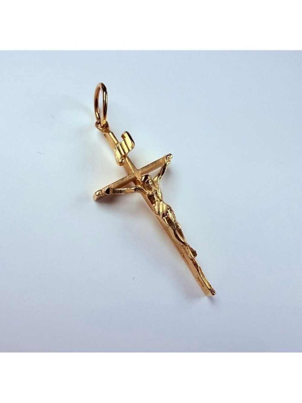 14K Solid Gold Crucifix Jesus Religious Cross Vintage 1.2" Pendant Necklace - Picture 2 of 7